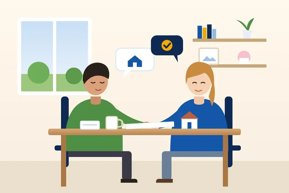 Illustration of a couple calmly talking through their property options at the kitchen table