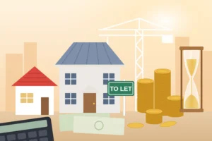Cartoon houses with a To Let sign, coin stacks and an hourglass