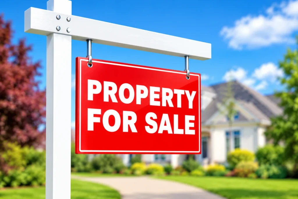 Red Property For Sale sign outside a house