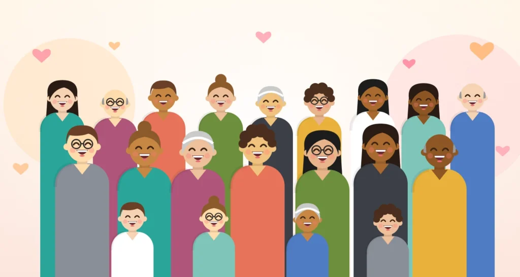Cartoon crowd of smiling people of all ages
