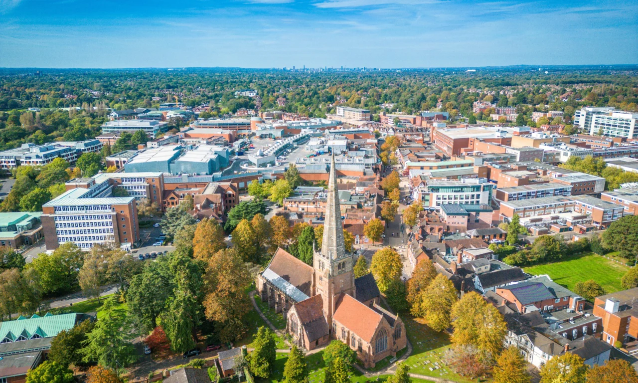Aerial view of Solihull town centre and its church spire