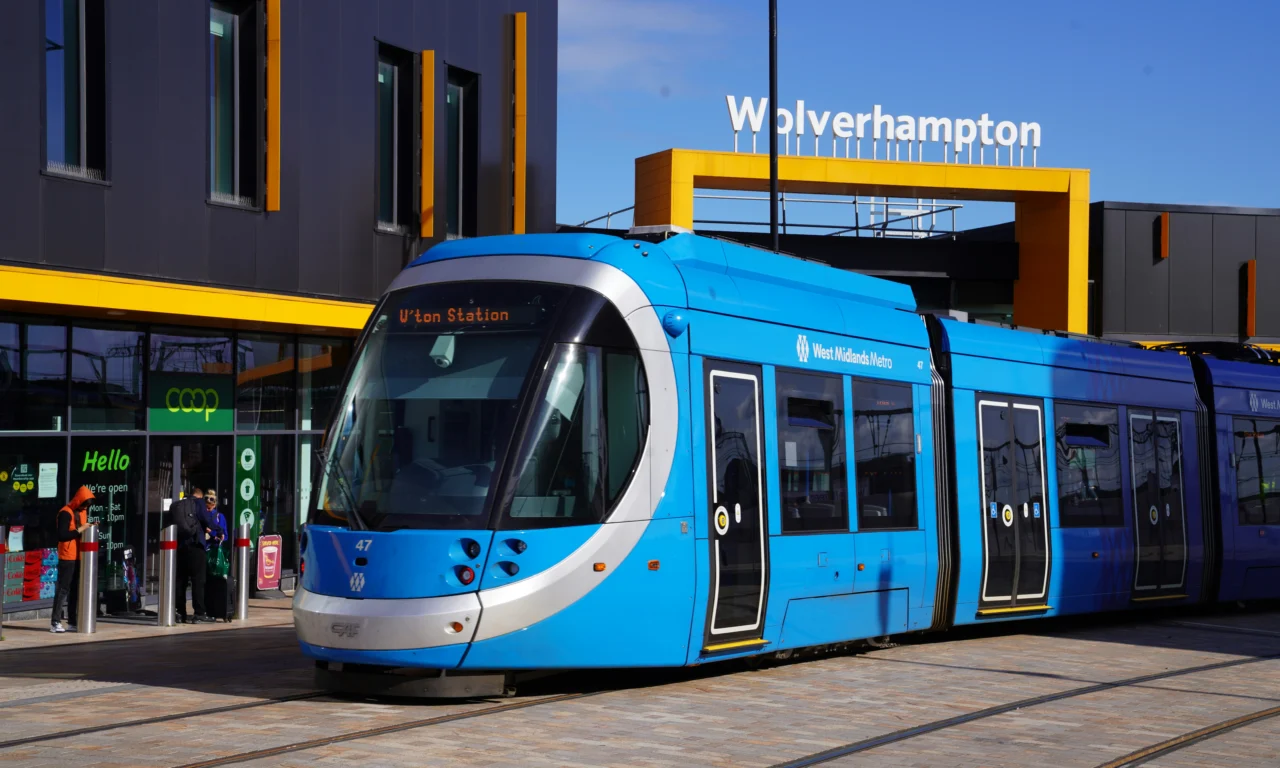 A West Midlands Metro tram at Wolverhampton station